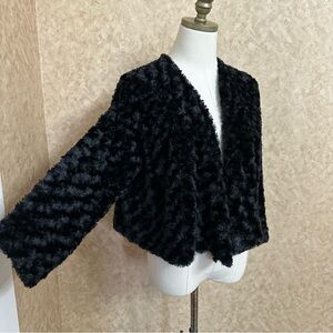 VTG Y2K 2000s Black Shaggy Faux Fur Open Front Cardigan Shawl Overcoat